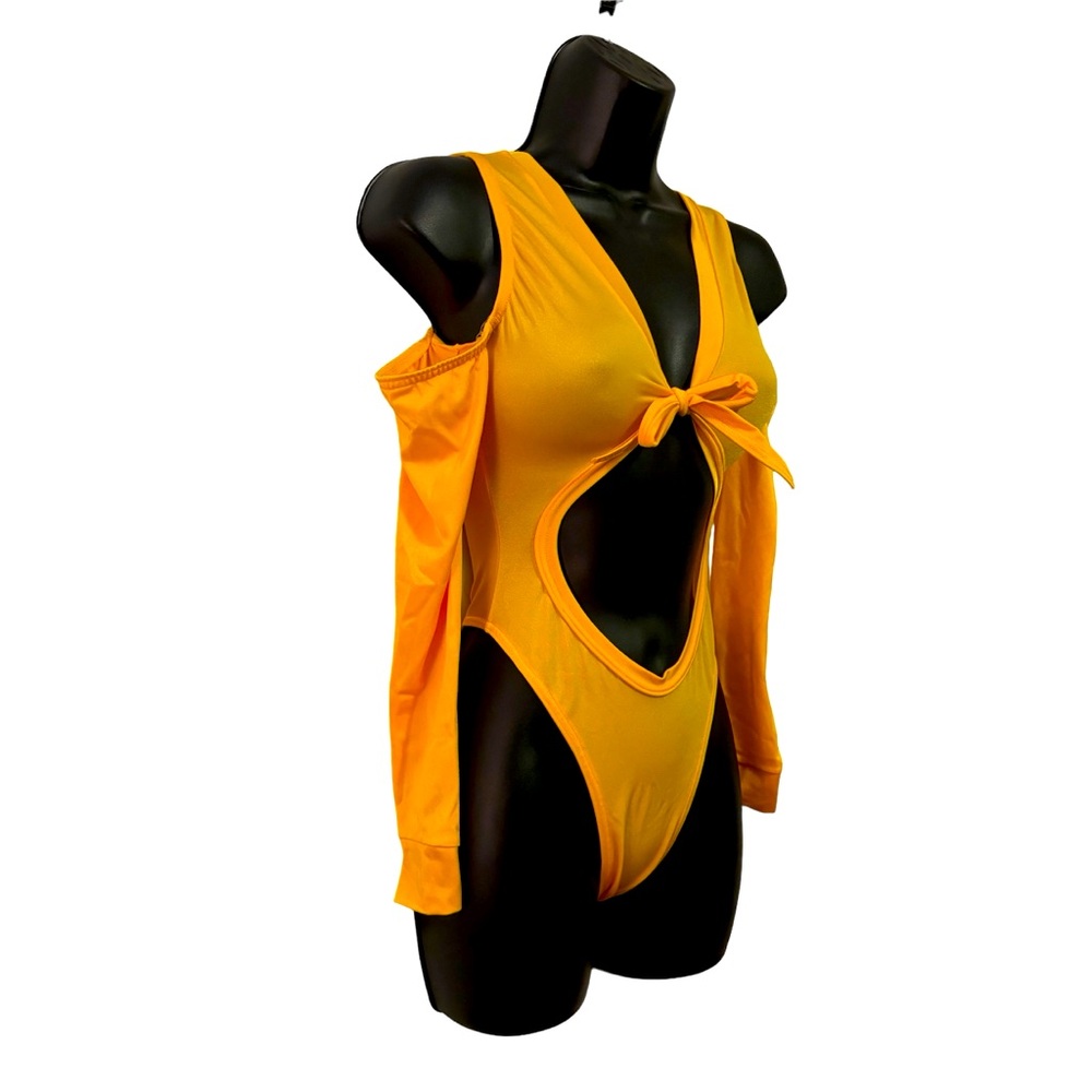 Yellow Bodysuit/Thong no shoulders with sleeves Size Small